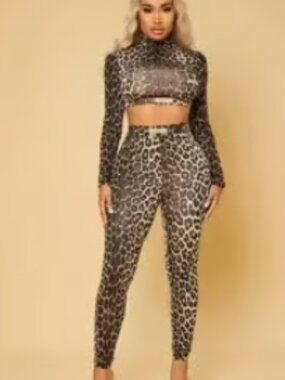 Leopard Leggings and Long Sleeve Crop Top Matching Set
